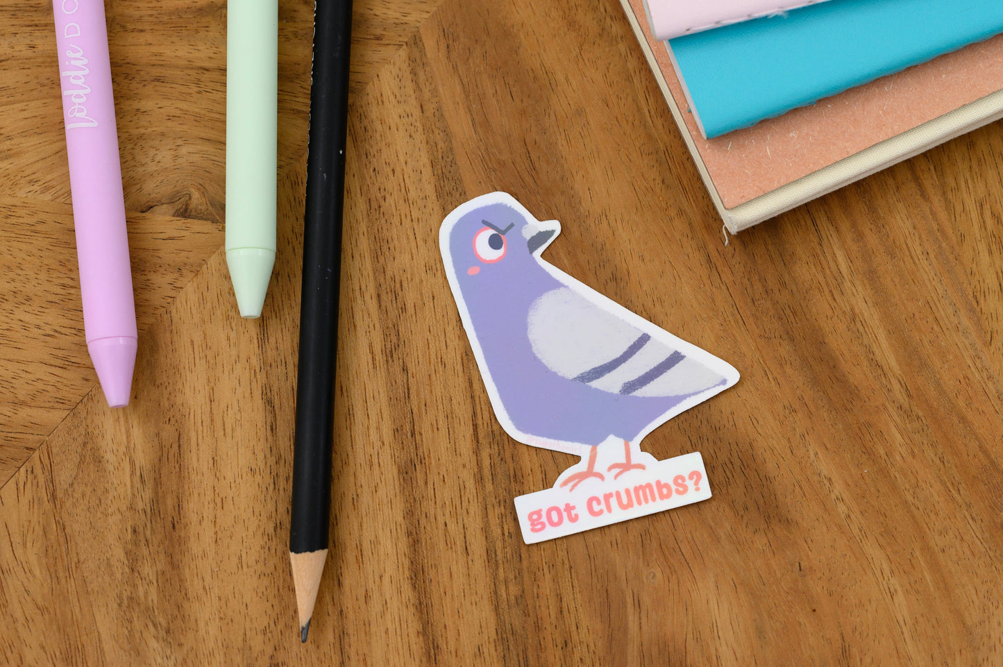 Got Crumbs? - Vinyl Sticker of Sketchy Pigeon - Iridescent