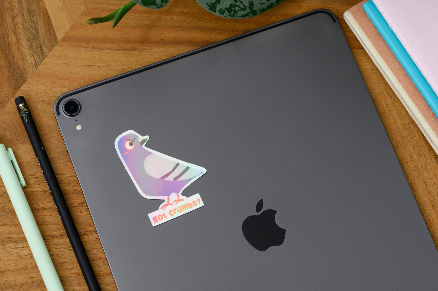 Got Crumbs? - Vinyl Sticker of Sketchy Pigeon - Iridescent