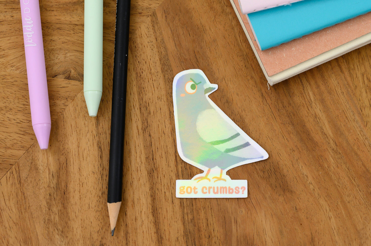 Got Crumbs? - Vinyl Sticker of Sketchy Pigeon - Iridescent