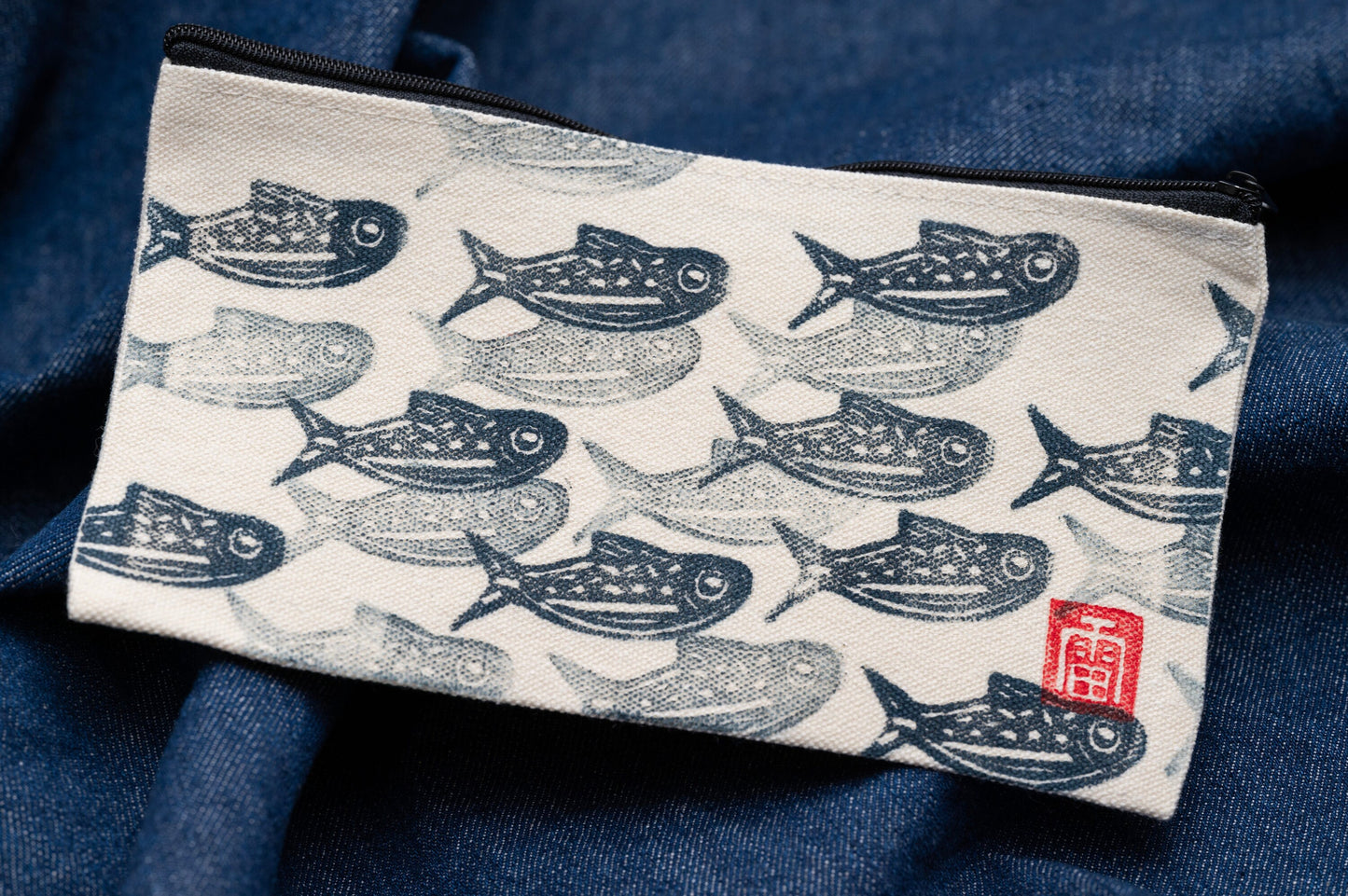 School of Mackerel Hand Lino Printed Canvas Pouch