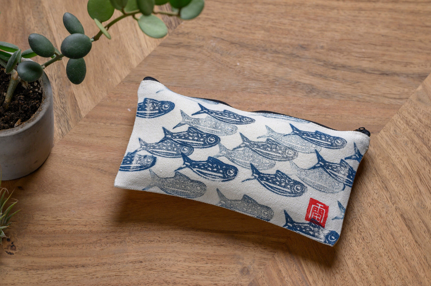 School of Mackerel Hand Lino Printed Canvas Pouch